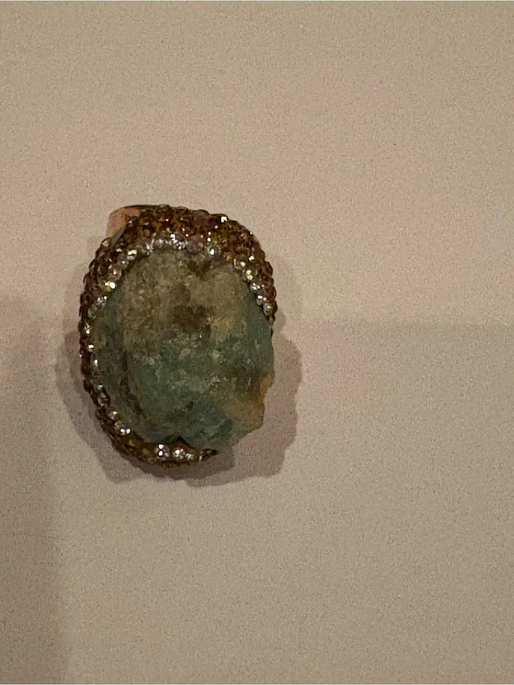 Raw Green Stone Statement Cuff Ring Gold Tone Crystal Pave Adjustable